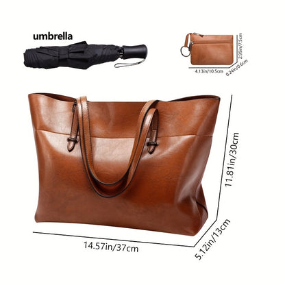 [Fast Arrival] Luxurious Retro Solid Color Large Oil Leather PU Shoulder Tote Bag - Women Bag Sets - Spacious Fashion Purse with Tassel Charm, Stylish and Durable Design, Multiple Compartments for Organization, Ideal for Daily Use and Travel