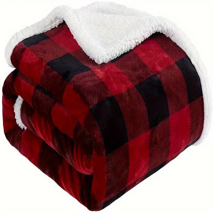 1pc Sherpa Fleece Blanket Black & Red Buffalo Plaid Christmas Blanket, Warm Thick Throw Blanket For Winter Sofa & Bed