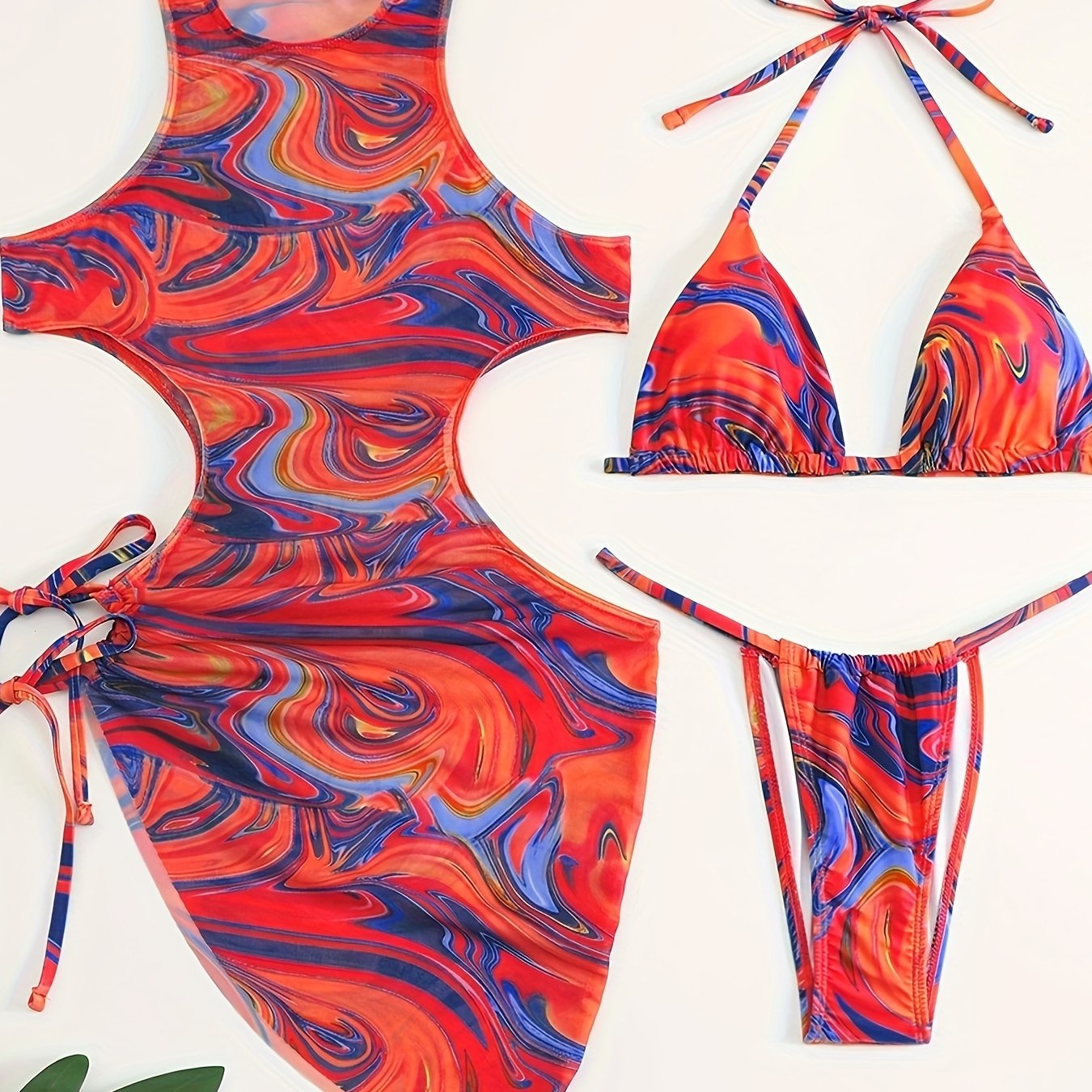 3-Piece Tropical Print Swimsuit Set - High-Stretch, Lace-Up Bikini Top with Tie, High-Waisted Cutout Bottom, Sun Protective Cover-Up Dress, Machine Washable, Polyester Fabric, Knit Construction