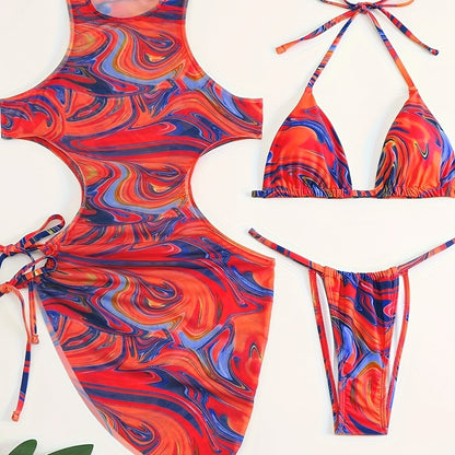 3-Piece Tropical Print Swimsuit Set - High-Stretch, Lace-Up Bikini Top with Tie, High-Waisted Cutout Bottom, Sun Protective Cover-Up Dress, Machine Washable, Polyester Fabric, Knit Construction