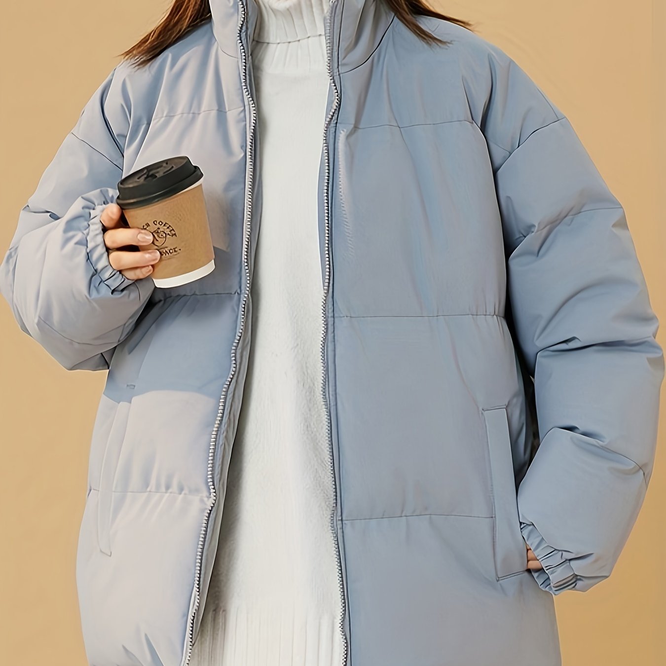 Women's Windproof Thermal Zip Up Thicken Jacket Coat, Solid Color Stand Collar Casual Coat