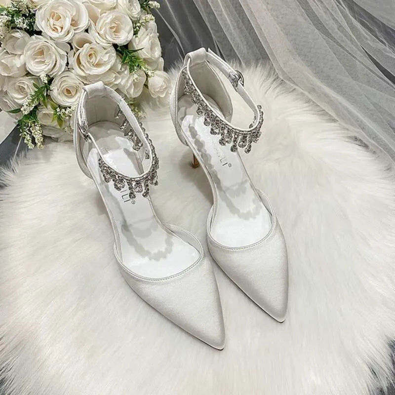 White Wedding Heels Women's Stiletto Bridal With Rhinestone Chain Pointed Toe Sandal Bridesmaid Shoes Kq8