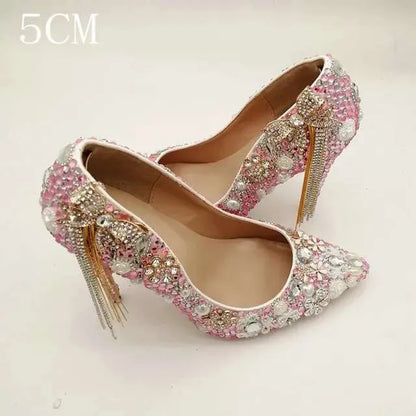 New Crystal Pumps Wedding Bride Pearl Rhine-Drill Sticky Drill Shoes White Pointed Fair High Heels Kq8