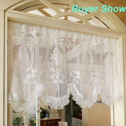 1pc Exquisite French Double Beaded Ruffled Lace Short Curtain Valance - Embroidered Tulle Design, Pocket Top, Half Curtain Rod, Decorative Door Curtain for Kitchen, Small Window, Living Room, Office, and Home Decor