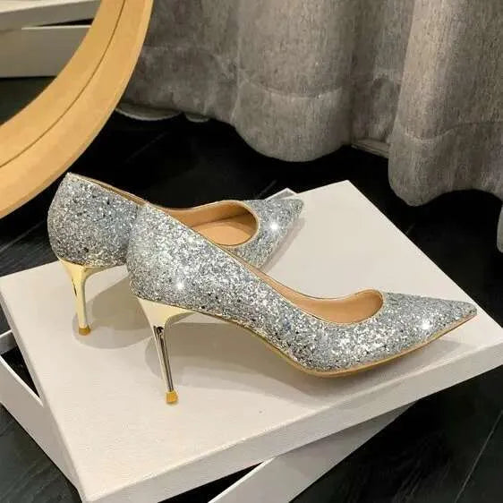 New French Bridal Wedding Crystal Sequin Pumps Glitter Pointy High Bridesmaid Shoes Slim Heels Kq8