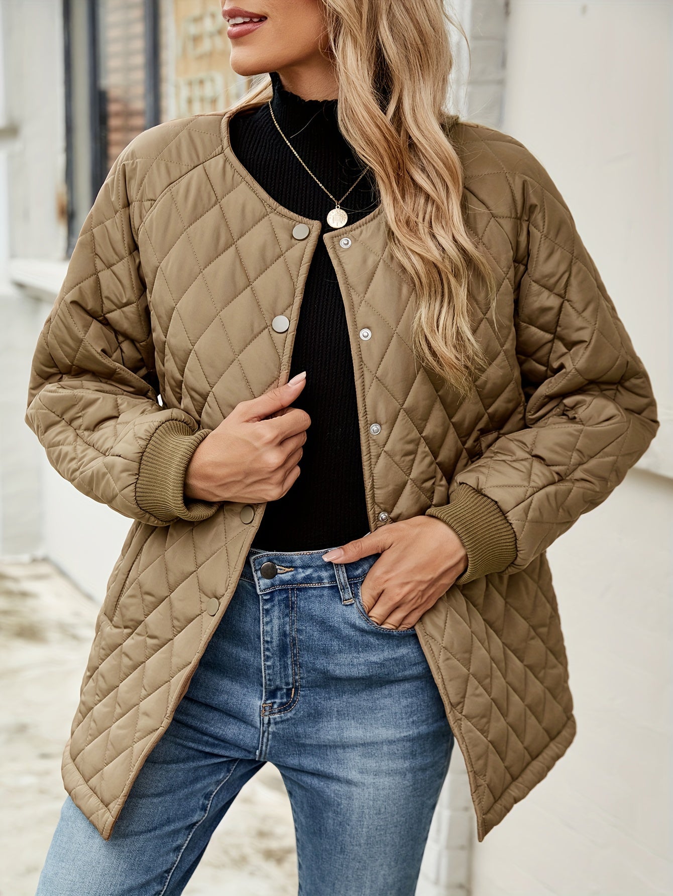 Botton Front Crew Neck Pockets Puffer Jacket, Casual Long Sleeve Jacket For Winter, Women's Clothing