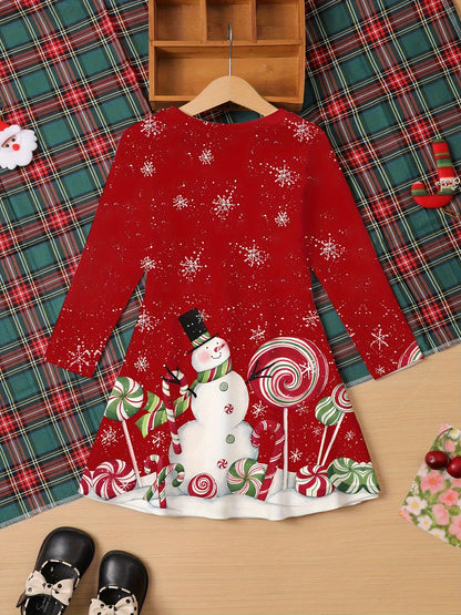 Christmas Themed Children's Long Sleeve Dress - Polyester 100%, Street Style, Knee High, Applique Detail, Tunic Fit, A-Line, Knit Fabric, Slight Stretch, for Ages 2-13, Red and Blue Options with Snowflake and Candy Patterns