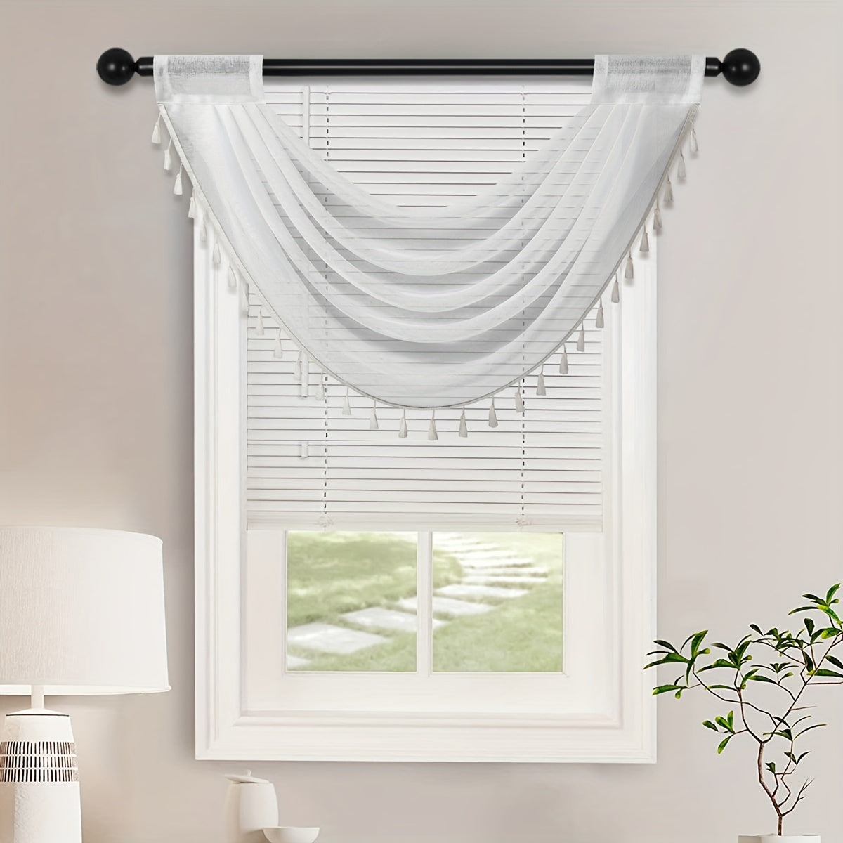 1pc Fashionable Sheer Wave Curtain Valance With Tassels Edge - Light-Transmitting, Rod Pocket, Perfect For Living Room, Bedroom, And Kitchen - 30x24 Inches