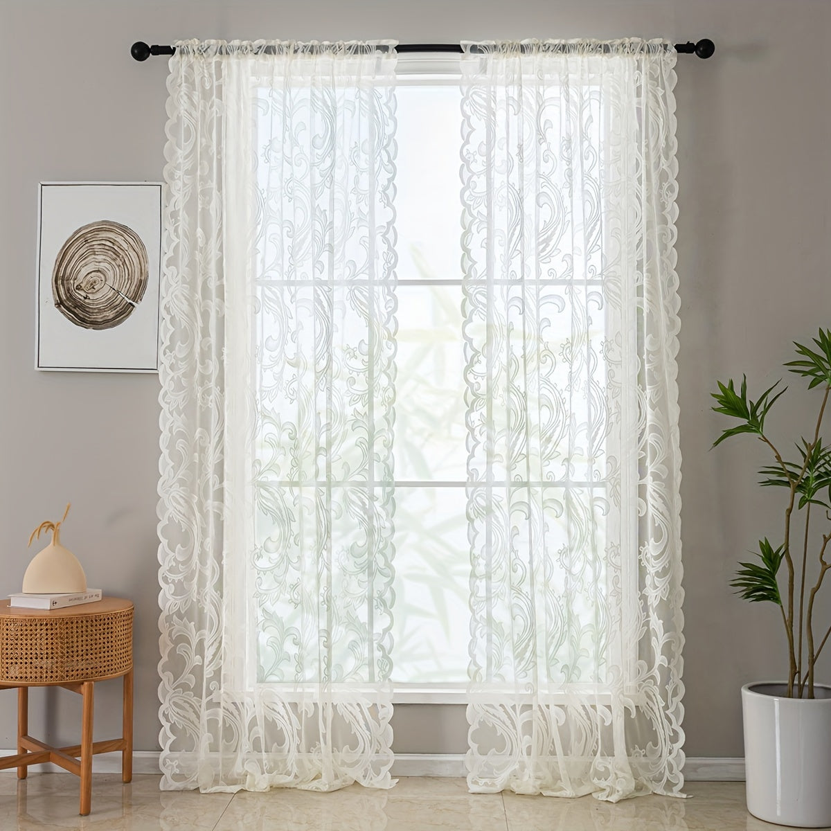 2pcs Flower Lace Jacquard Weaving Curtains, Living Room Dining Room Kitchen Study Bedroom Hallway Semi-translucent Decorative Curtains, Rod Pocket Curtain Home Decor