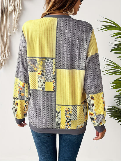 Winter Casual Patchwork Crew Neck Micro Elastic Polyester Pullover Sweatshirt - Soft, Cozy, and Stylish Floral Print Long Sleeve Top for Women - Perfect for Daily Wear