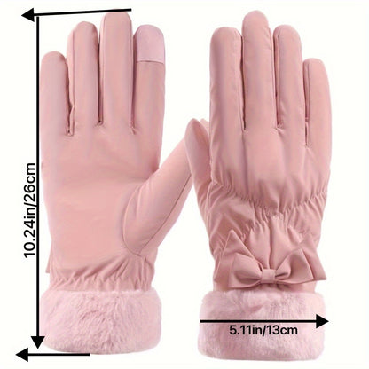 Women's Winter Touchscreen Gloves - Thick, Warm Velvet-Lined With Bow Detail For Cycling & Skiing