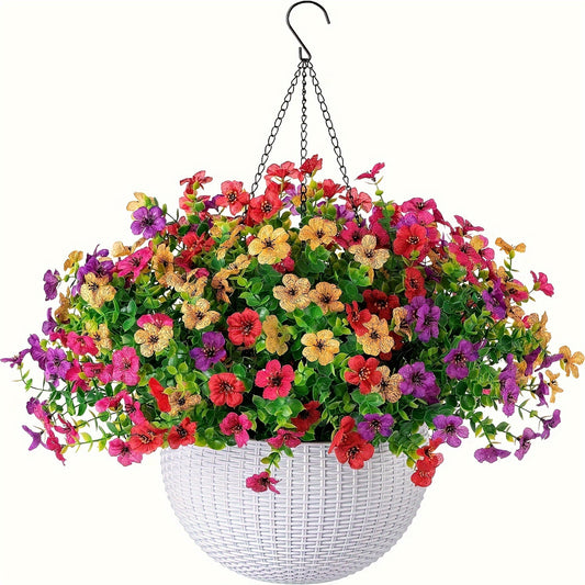 Charming Faux Hanging Flowers with Basket - Perfect for Indoor/Outdoor Decor, Patio & Lawn, Wall Accents, Home, Office, and Seasonal Celebrations like Graduations and Weddings