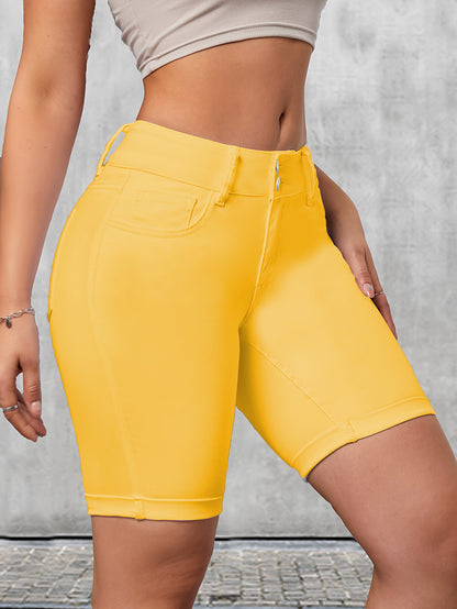 Womens Double-Breasted Bermuda Knee-Length Shorts - Stretchy, Slim Fit, Elegant, Solid Color, Cotton Fabric, High-Waisted, Pockets, Button Closure, Perfect for Spring and Summer Style