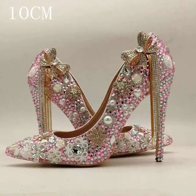 New Crystal Pumps Wedding Bride Pearl Rhine-Drill Sticky Drill Shoes White Pointed Fair High Heels Kq8