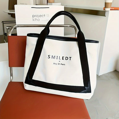 Simple And Spacious Canvas Shoulder Tote Bag, Letter Print, Simple And Stylish, Large Capacity - Perfect For Commute