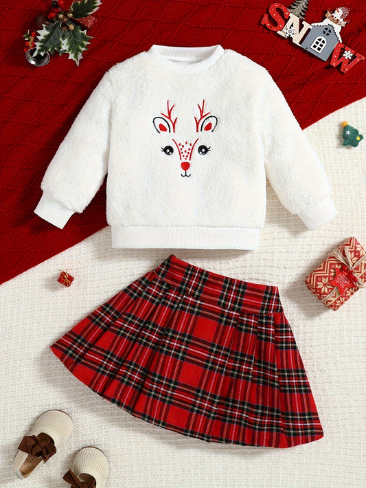 [Christmas 1 Set] Elk Pattern Long-Sleeve Teddy Sweatshirt + A-line Plaid Skirt Outfit, Casual-Style Girls Spring/ Fall Clothes, Ideal For Daily & Outdoor Wear