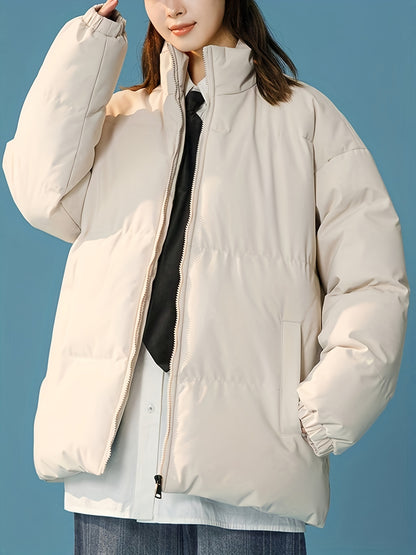 Women's Windproof Thermal Zip Up Thicken Jacket Coat, Solid Color Stand Collar Casual Coat