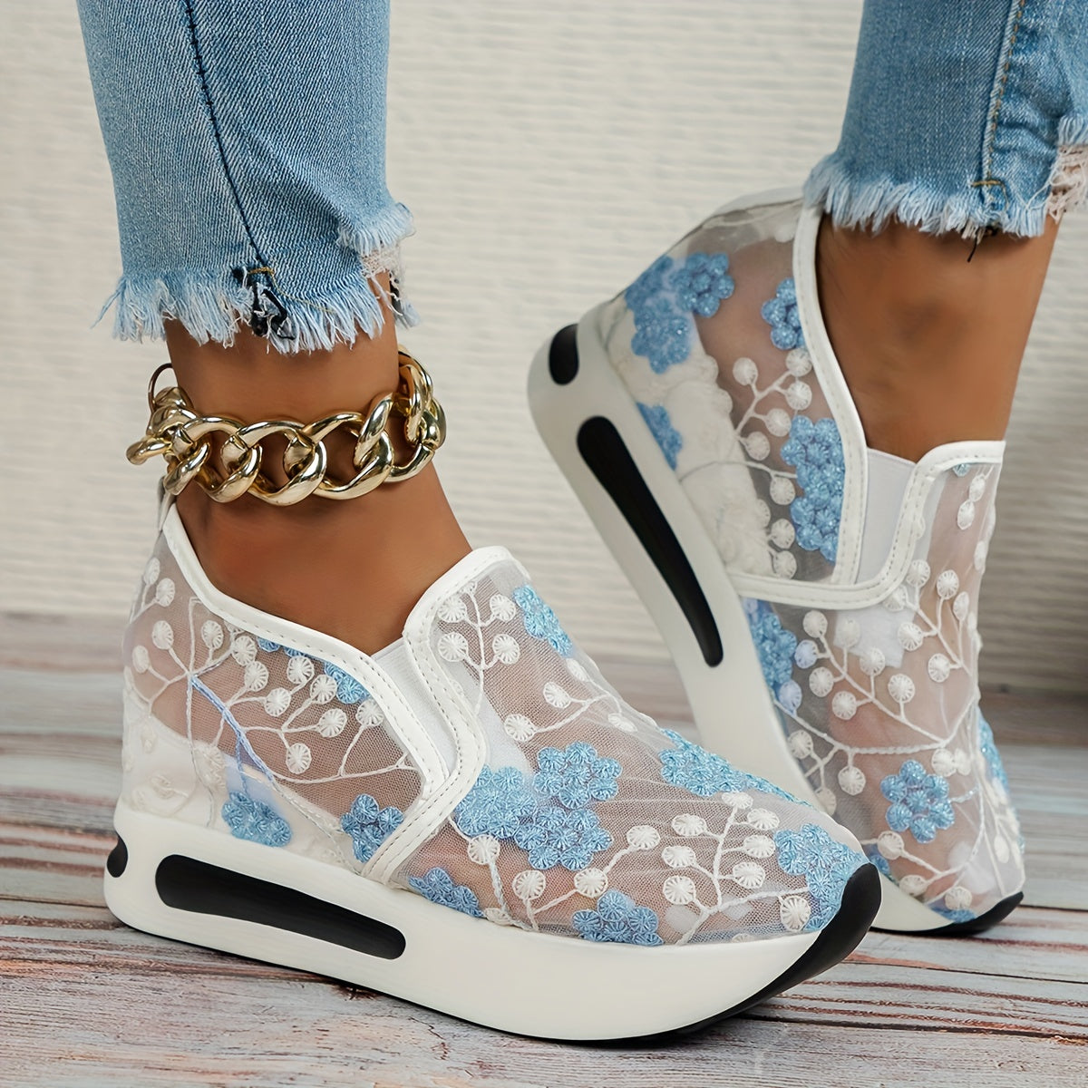 Womens Floral Lace Charm - Casual Height Enhancing Slip-On Shoes with Stylish Platform - Versatile Low Top for Everyday Elegance