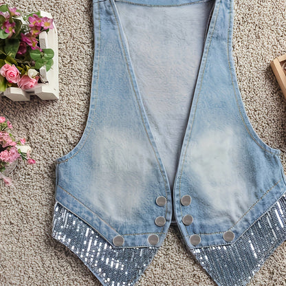 Women's Sleeveless Denim Vest, Casual Style, Bow Detail, Short Waistcoat, Spring/Autumn Outerwear, Fashion Trendy Jacket