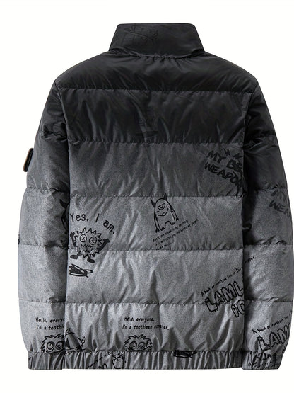 Chic Warm PU Puffer Jacket, Men's Casual Graffiti Graphic Print Stand Collor Duck Down Padded Coat For Fall Winter