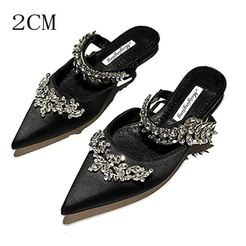 Crystal Slipper Mueller Shallow Mouth Pointed Silk Rhine-Drill High White Slender Heels Wedding Shoes Kq8