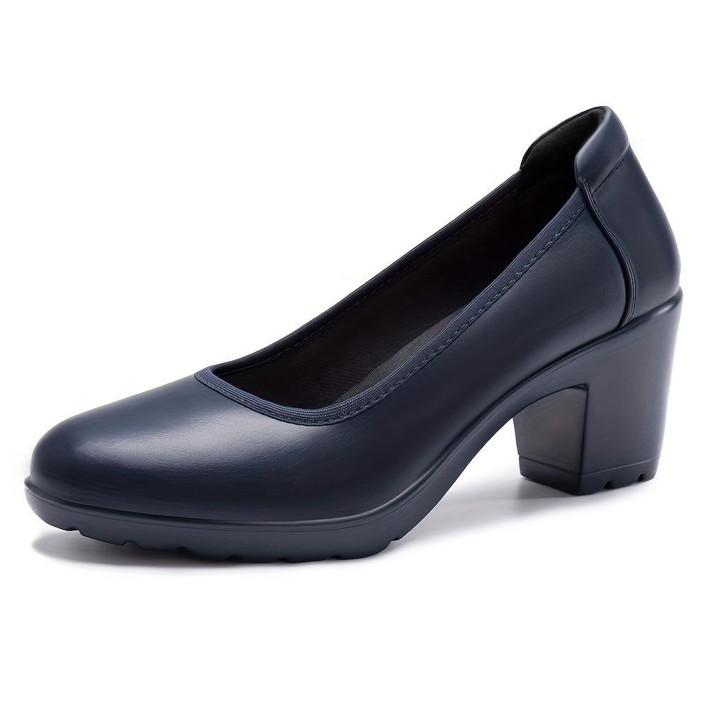 Womens Classic Round Toe Pumps - Cushioned Low Heel, Ultra-Comfortable - Durable Synthetic Leather, Perfect for Work & Dress - Timeless Style