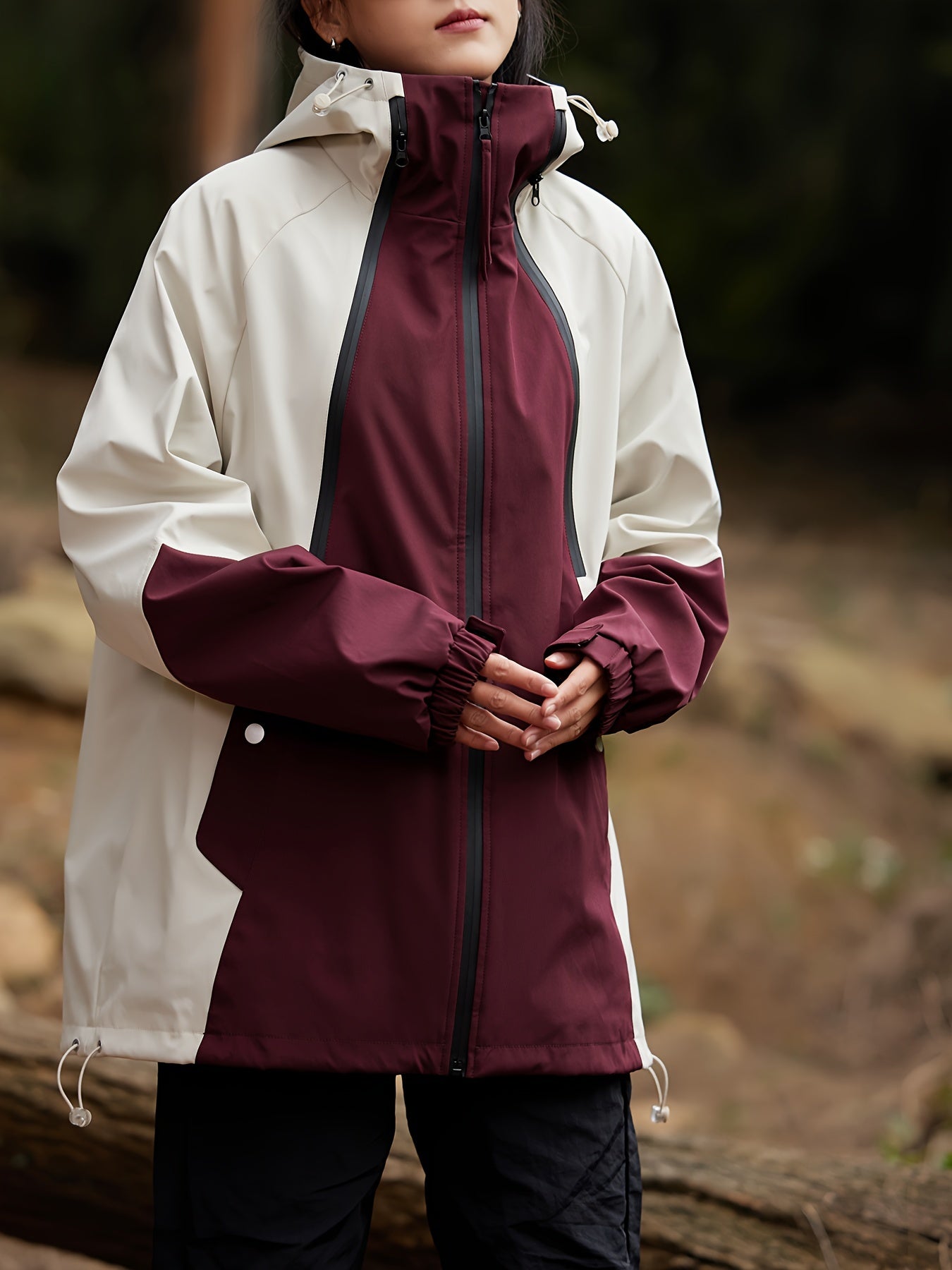 Womens Waterproof Rain Jacket Long Sleeve Water Resistant & Windproof Outdoor Raincoat, Ideal For Running, Hiking, Camping With Detachable Hood, Women's Clothes