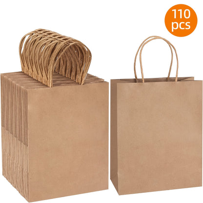 110pcs Black/Brown Gift Bags Paper Gift Bags With Handles, Christmas Gift Bags, Medium Sizes Gift Bags Bulk, Paper Bags For Small Business, Shopping Bags, Retail Bags, Party Bags, Favor Bags, 8x4x10 In