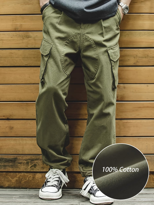 100% Cotton Vintage Style Loose Fit Solid Color Cargo Pants - Multi-Pocket Drawstring Trousers with Slight Stretch, Button Fly Closure, and Regular Length for Men - Perfect for Spring, Fall, and All Seasons