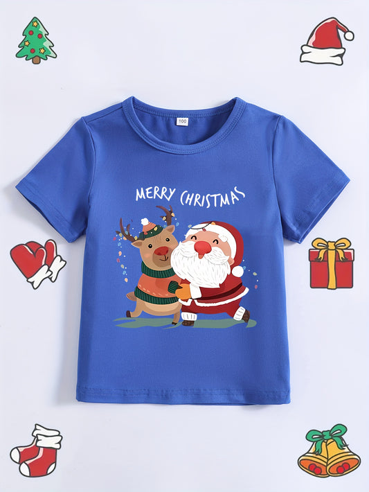 Fun Boys' Cartoon Santa and Reindeer Print Casual Crew Neck Polyester T-Shirt for Summer - Kids Merry Christmas Tops with Slight Stretch