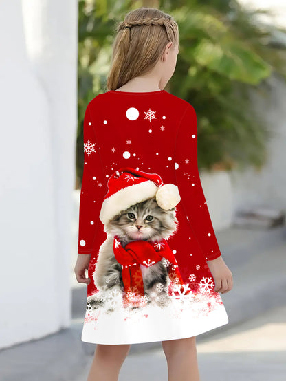 Soft Comfy Long Sleeve Festive Christmas Cat Print Dress For Girls, Holiday Dresses For Spring Fall Everyday, Party, Going Out