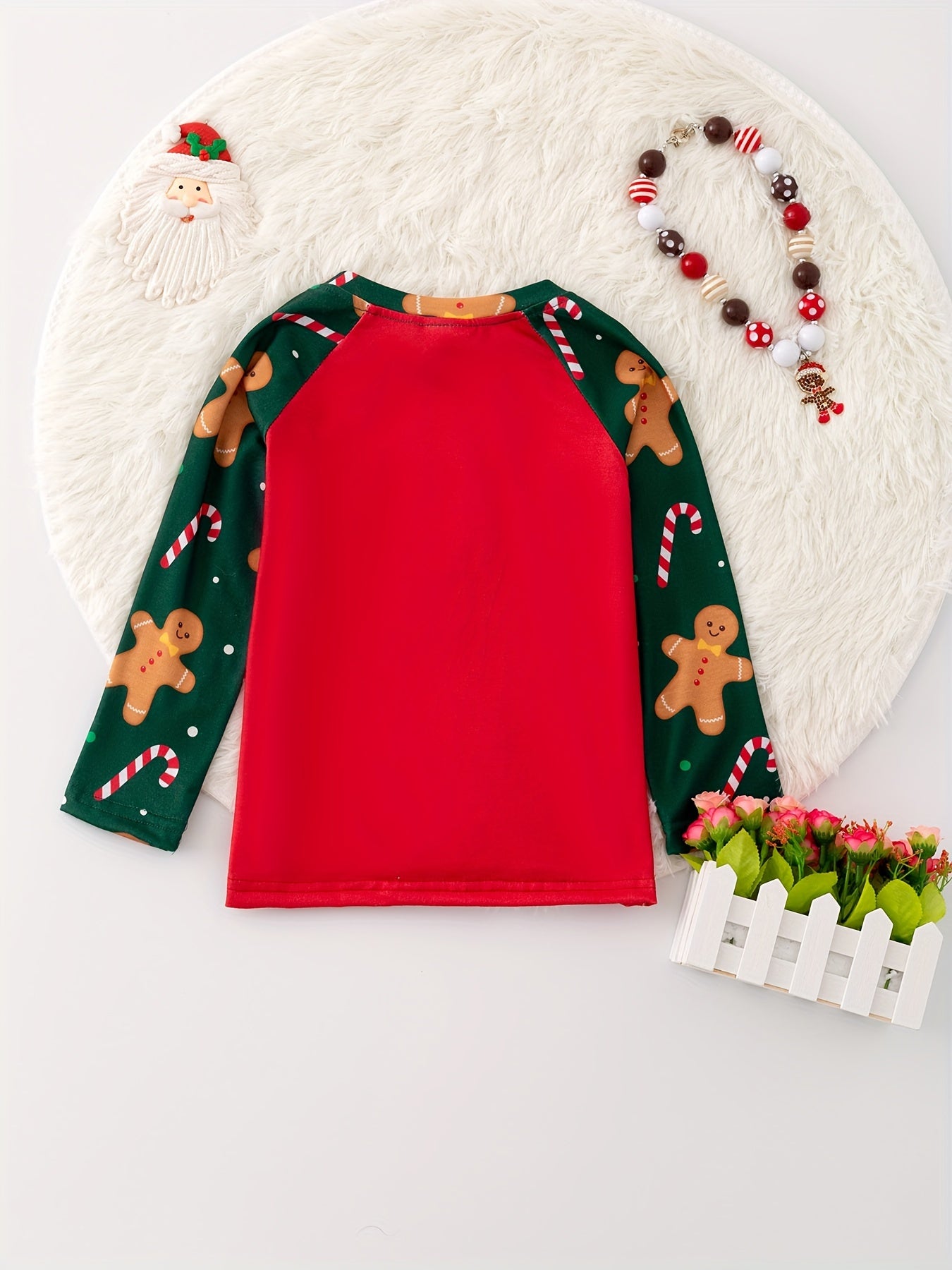 1pc - Brother And Sister Matching Clothes - Christmas Candy Cane Gingerbread Print, Boys Long Sleeve T-shirt, Girls Long Sleeve Dress, Autumn/Winter Daily And Outdoor Wear, Ideal Gifts For Christmas Party - NOT MULTI-PACKS, PLEASE PURCHASE SEPARATELY