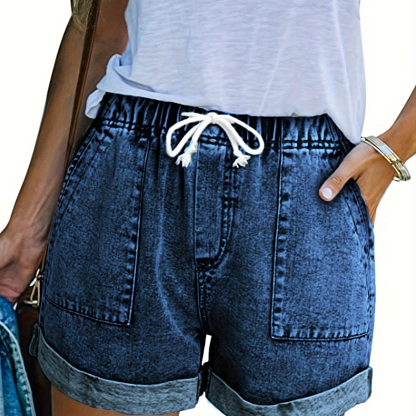 Womens Fashion Shorts - Ultra-Casual Denim Drawstring Elastic Waist Roll-Up Hem Shorts for Summer - Classic Jeans Style, Perfect for Outdoor Activities