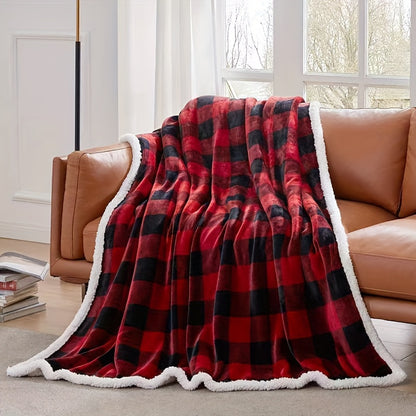 1pc Sherpa Fleece Blanket Black & Red Buffalo Plaid Christmas Blanket, Warm Thick Throw Blanket For Winter Sofa & Bed