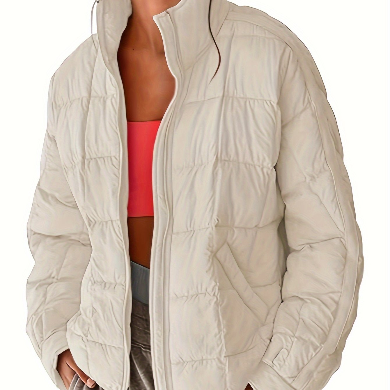 Women's Quilted Puffer Jacket Zip Up Oversized Lightweight Padded Down Coat Outerwear