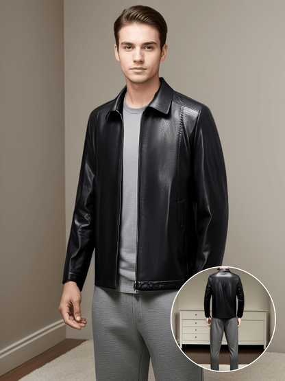 Men's Solid Color PU Leather Long Sleeve Zipper Down Jacket With Lapel Collar And Pockets, Chic And Trendy Jacket Suitable For Business And Formal Occasions