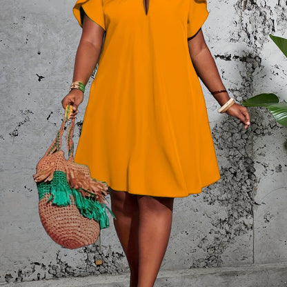 Flattering Plus Size Solid Keyhole Knot Dress - Fashionable Petal Sleeves - Comfortable Loose Fit for Spring & Summer - Curvy Womens Wardrobe Staple