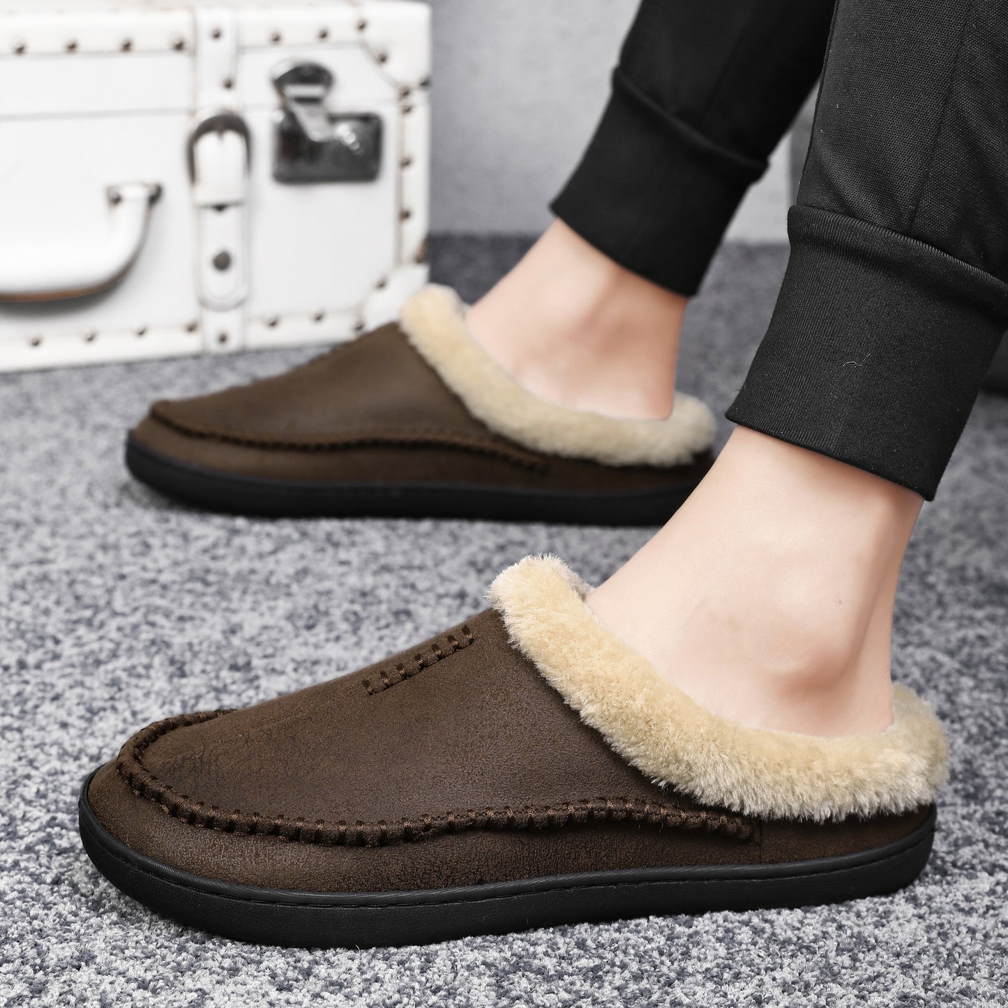 Plus Size Men's Warm Cozy Slides, Comfortable Fuzzy Soft Slippers, Plush Comfy Non-slip Home Shoes For Indoor Outdoor Bedroom, Winter