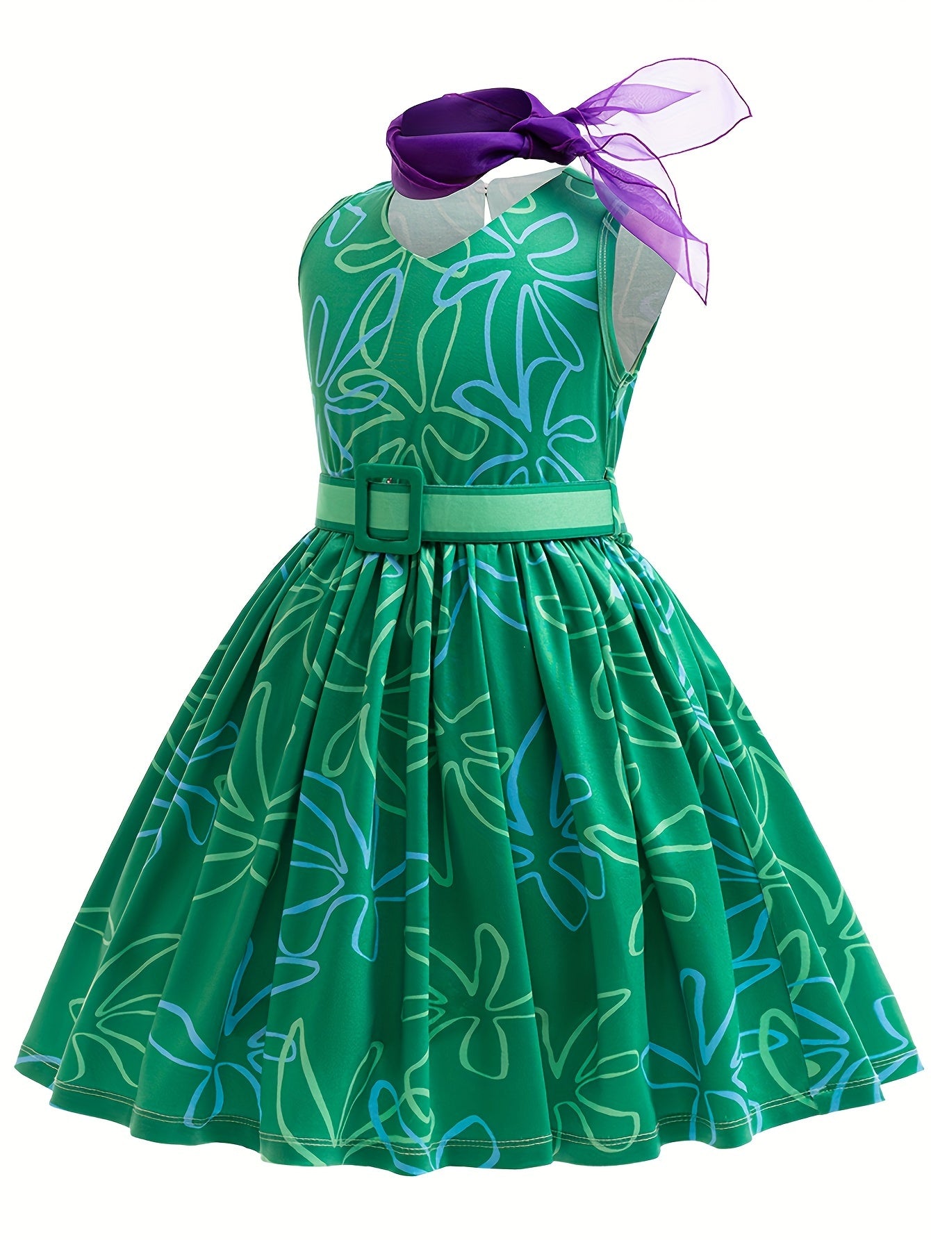 Girls' Cartoon Character Dress - Allover Floral Pattern Sleeveless Belted Dress with Accessories for Halloween Party