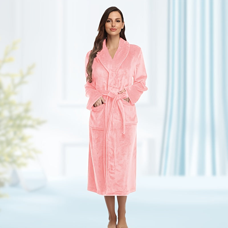 1pc Unisex Flannel Bathrobe, Thickened Long Sleeve Long Bathrobe, Warm Pajamas Shower Nightgown, Fluffy And Warm Robe For Home, Bathroom Supplies