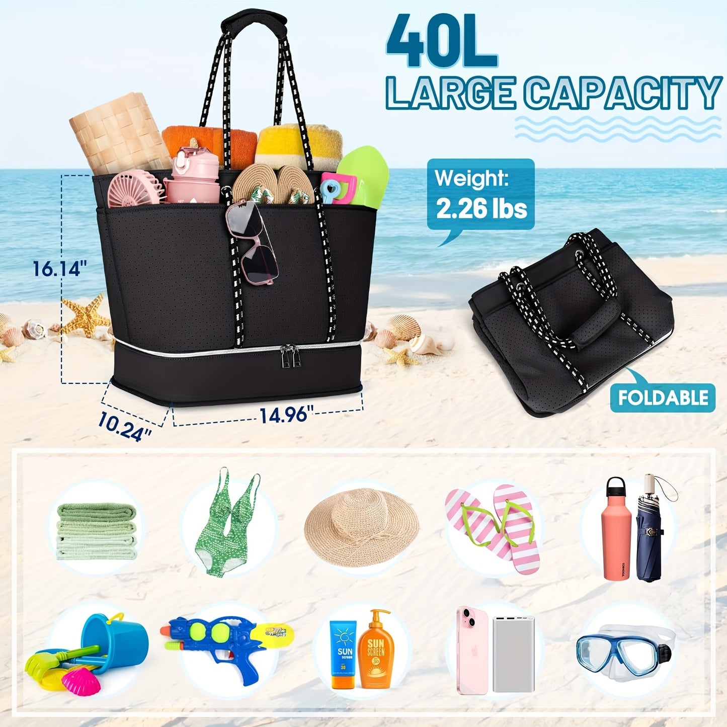 [Fast Arrival] 40L Large Waterproof Sandproof Beach Tote Bag - NUBILY Neoprene Beach Bags For Women With Shoe Compartment and Zipper