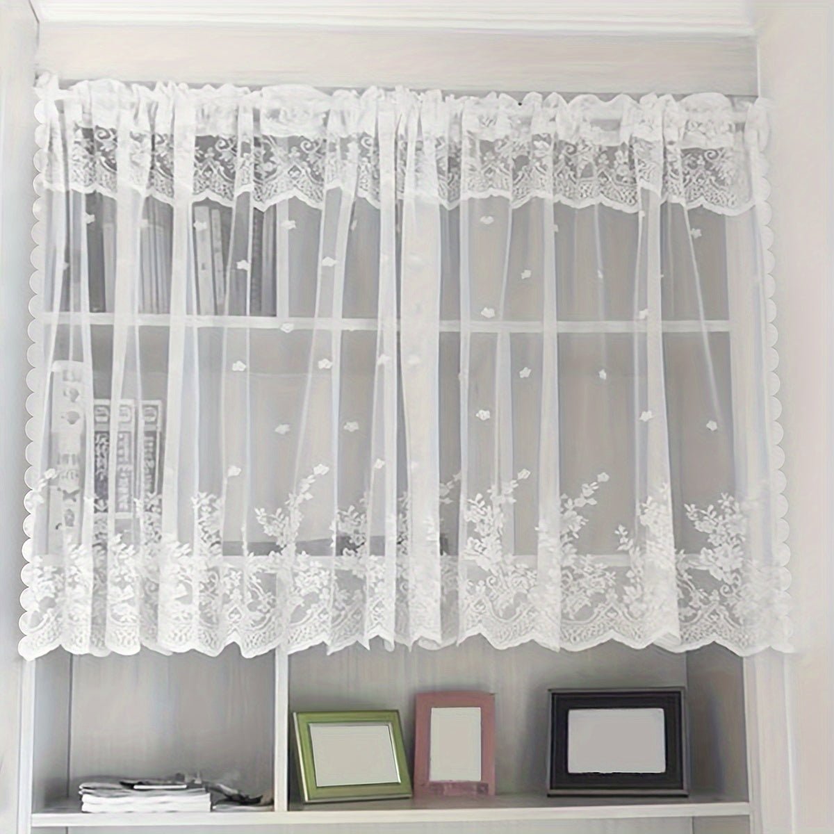 1pc Delicate Lace Small Flower Curtain Tier - Elegant Rod Pocket Design for Fresh Decor, Blocks Cabinet View, Perfect for Living Room, Bedroom, Kitchen, Window and Door Decoration