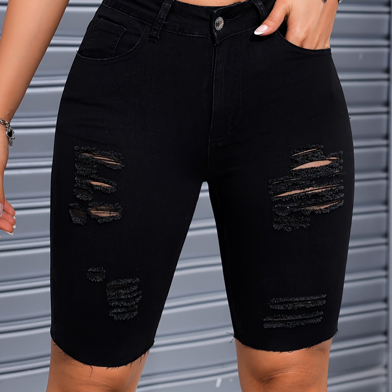 Womens Fashionable Ripped Denim Bermuda Shorts - Comfortable Stretchy Fit, Trendy Distressed Black, Versatile Cycling Style for Everyday Chic