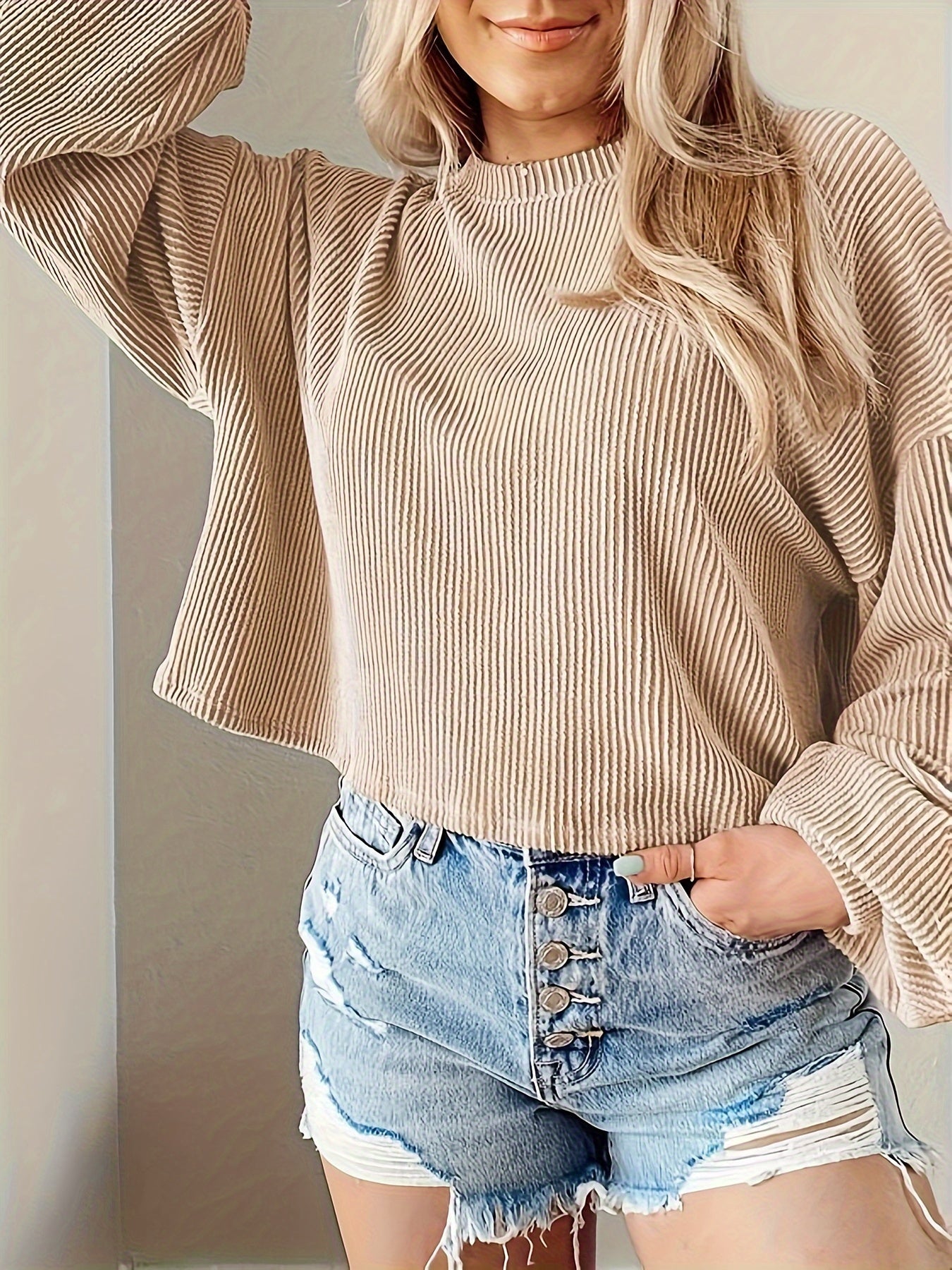 Chic Solid Knit Crop Sweatshirt - Fashionable Casual Style with Long Sleeves - Super Comfortable Loose Fit Womens Clothing