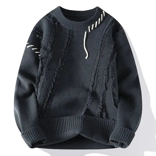 Man Panelled Contrast O-neck Sweater Autumn Winter Vintage Loose Long Sleeves Knitted Pullover Fashion Casual Male Jumper 240111