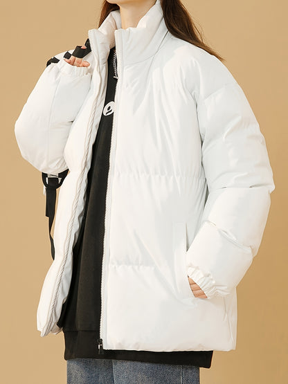 Women's Windproof Thermal Zip Up Thicken Jacket Coat, Solid Color Stand Collar Casual Coat