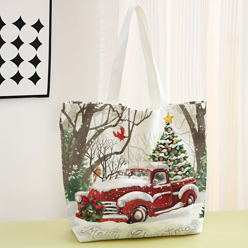 Christmas Print Tote Bag, Large Capacity Canvas Shoulder Bag, Causal Handbag & Grocery Shopping Bag