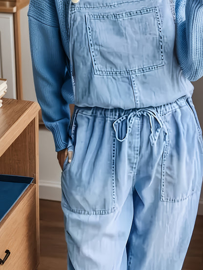 Womens Solid Color Drawstring Waist Non-Stretch Denim Jumpsuit - Casual Fashion Overalls with Patched Pockets, Adjustable Hem, and Relaxed Fit - Perfect for All Seasons