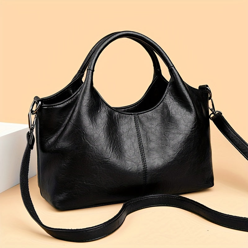 Women's Vintage Large Capacity Tote Bag , PU Leather, Soft Shoulder Crossbody Handbag, No Oil Edging, Zip Closure, Black & Coffee Brown, Fashionable Ladies Handbag