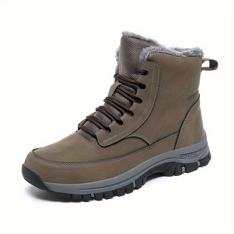 Men's Trendy Solid High Top Hiking Boots, Comfy Non Slip Casual Thermal Shoes, Winter & Autumn